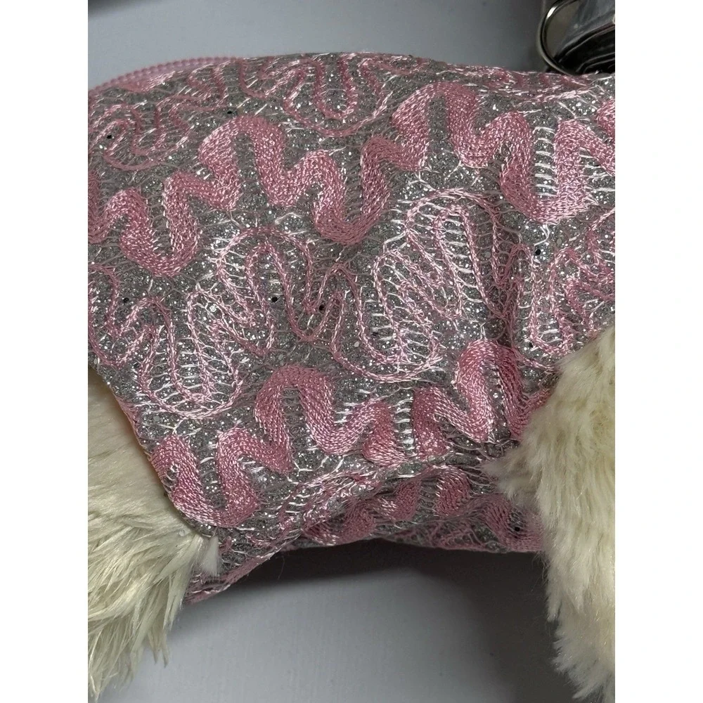 Stuffed Dog‎ Plush Purse Poochie & Co Pink Bows Sparkle Beige Puppy Silver Strap